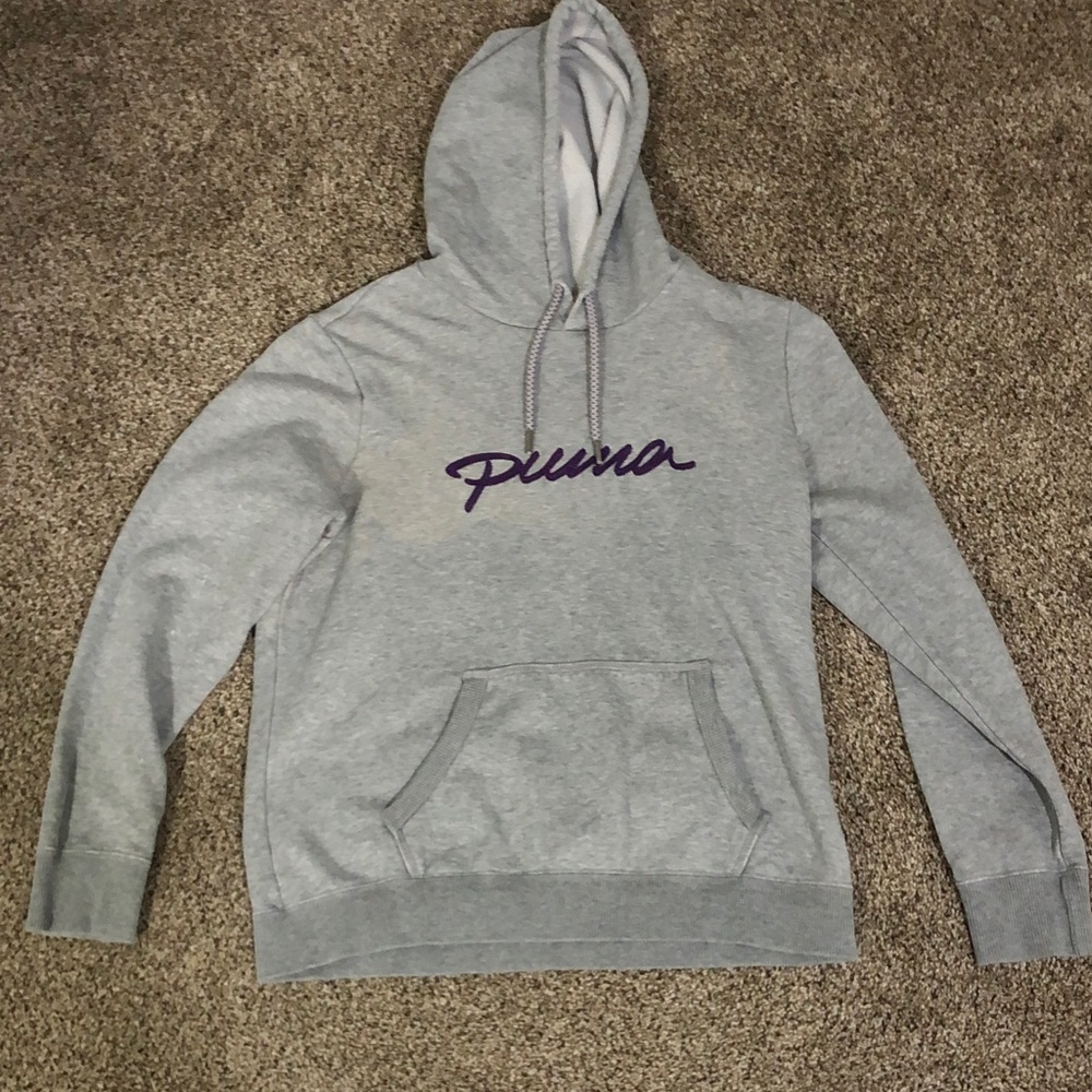 Puma Light Gray Hoodie with Purple Script Logo